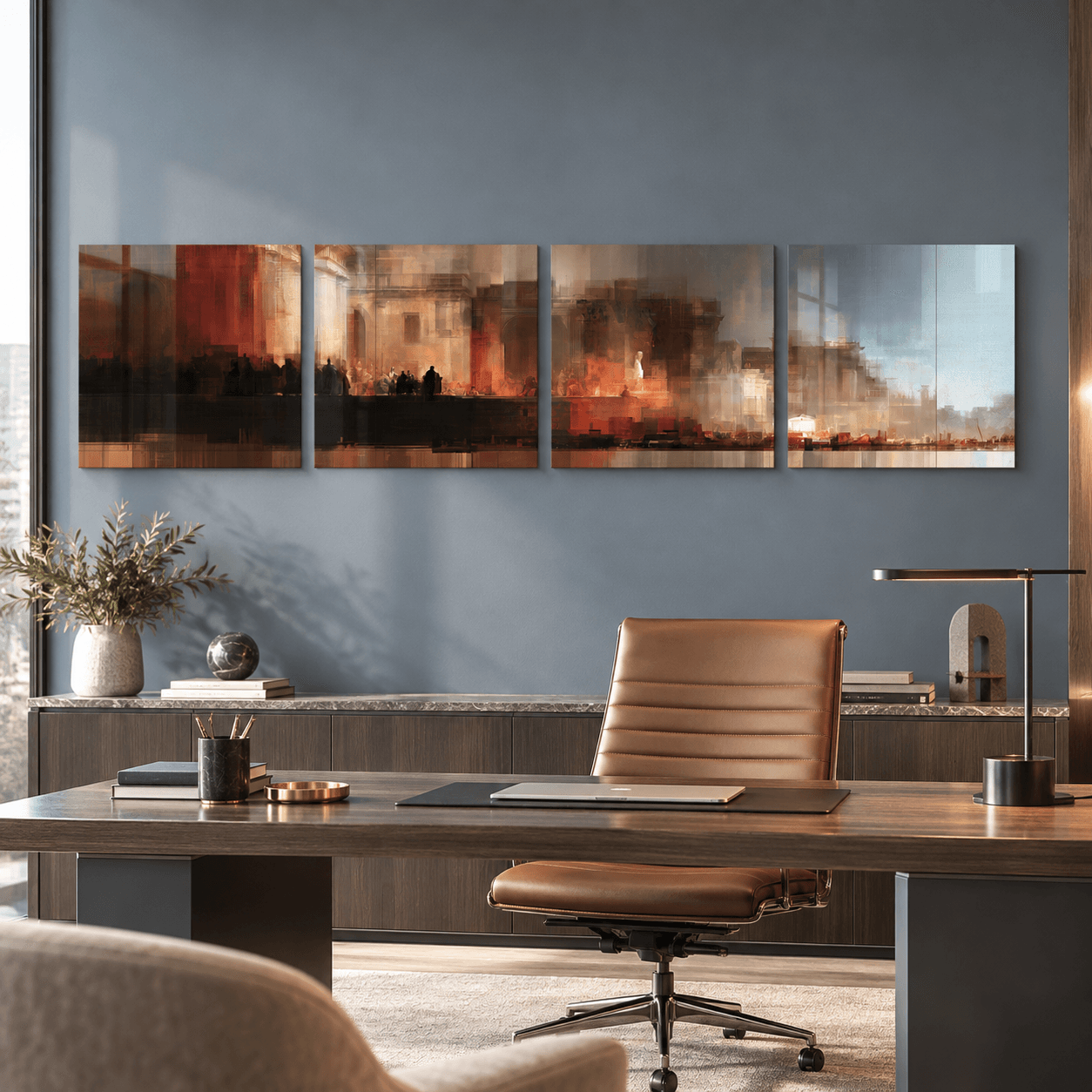 4-piece abstract architectural wall art above a leather chair and desk in a home office